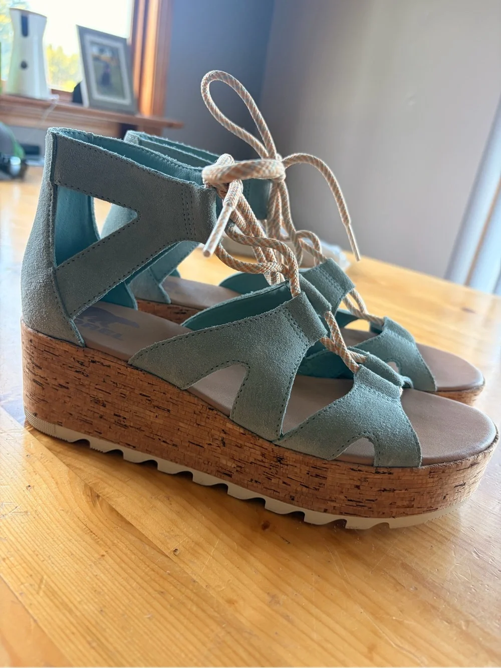 Sorel Mint Green Suede Lace-Up Platform Sandals